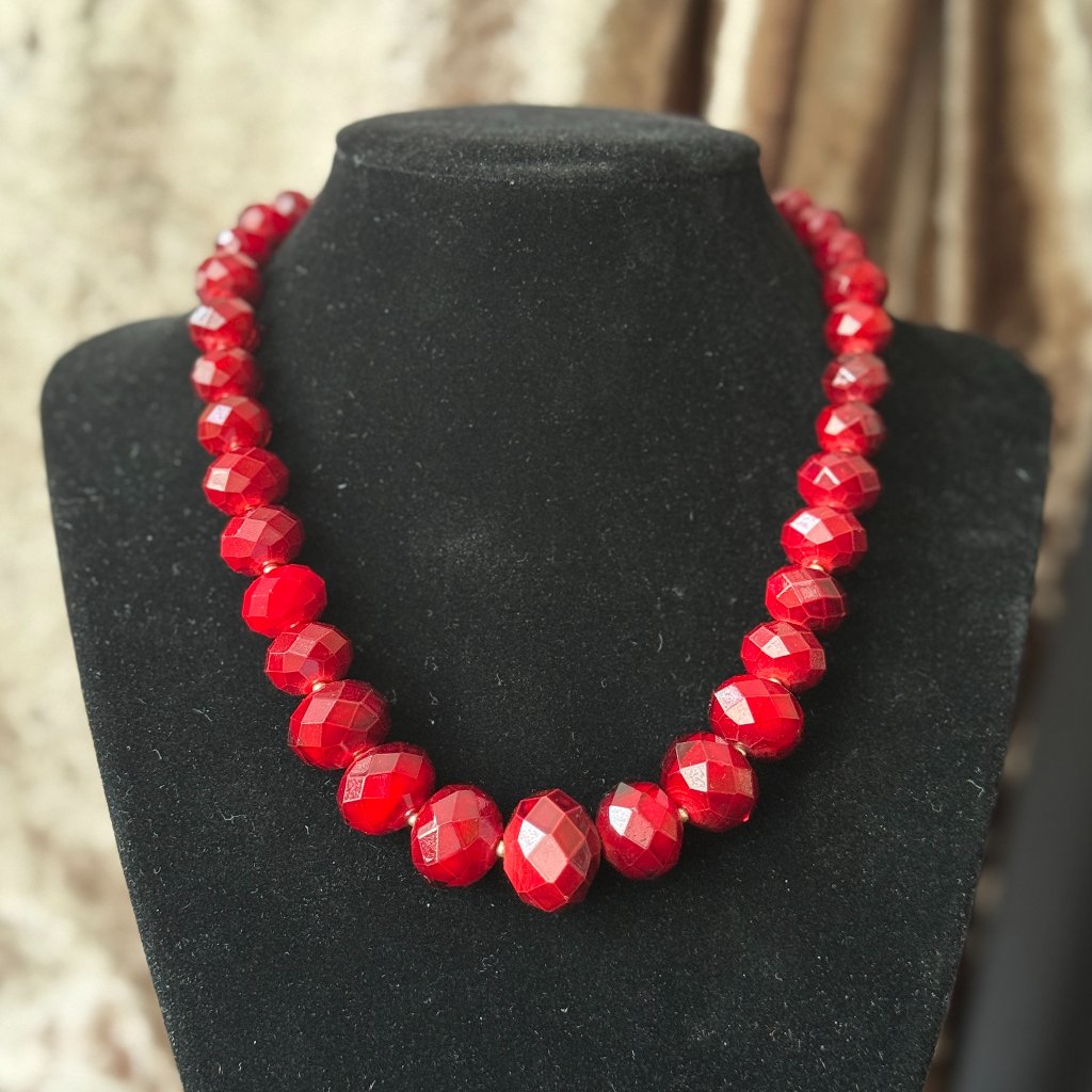 Ruby Cranberry Red Faceted Graduated Glass Bead Choker Collar Necklace Whbm Adj